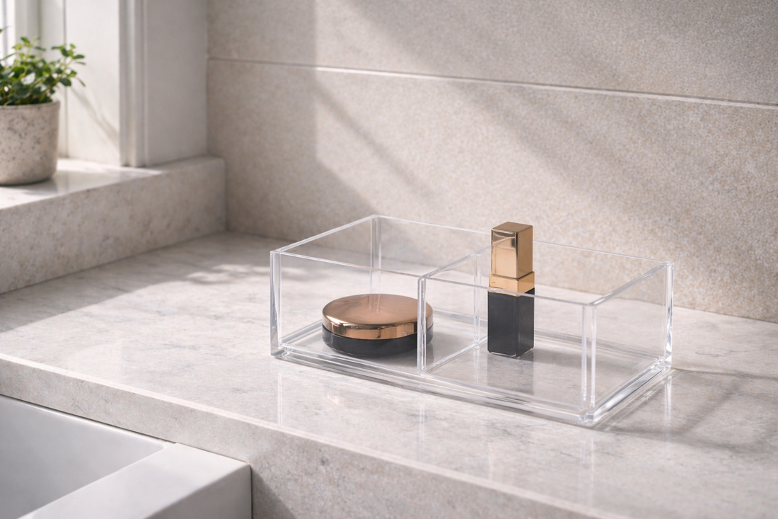 Minimal makeup organizer with two items and large empty space showing reduced clutter and clear spacing