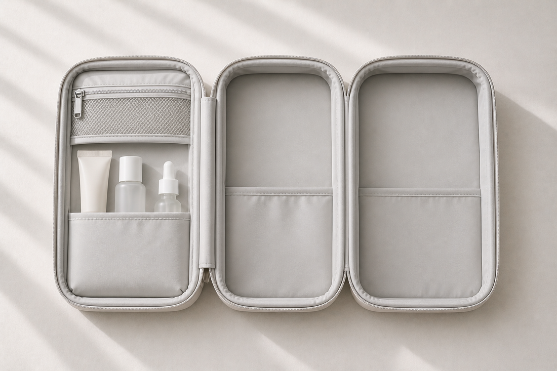 Minimal travel beauty setup with few items and large empty space for reduced packing clutter