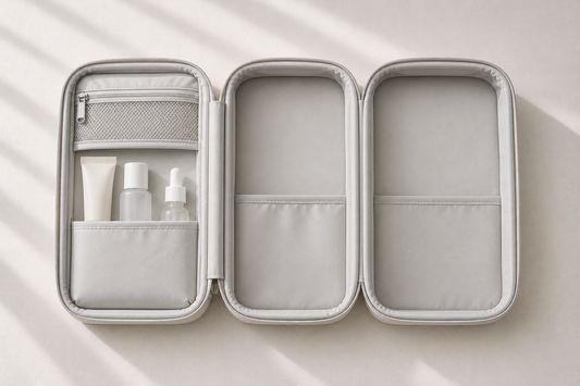 Minimal travel beauty setup with few items and large empty space for reduced packing clutter