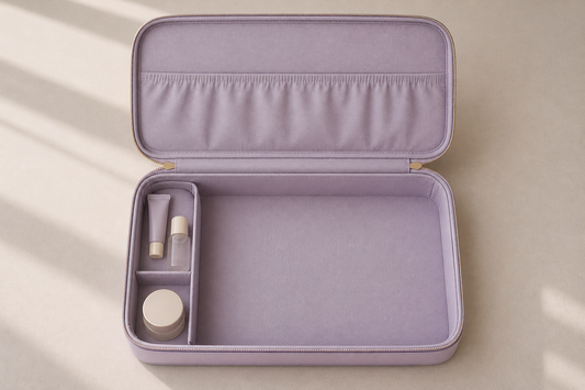 Minimal travel beauty organizer with low item density and spacing.