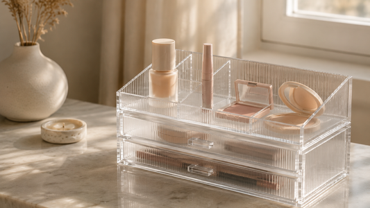 Modular makeup storage organizer with separated cosmetics and balanced open visibility layout.