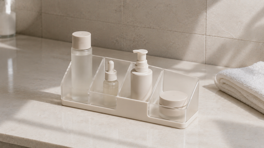 Bathroom vanity organizer with separated skincare sections for quick morning access.