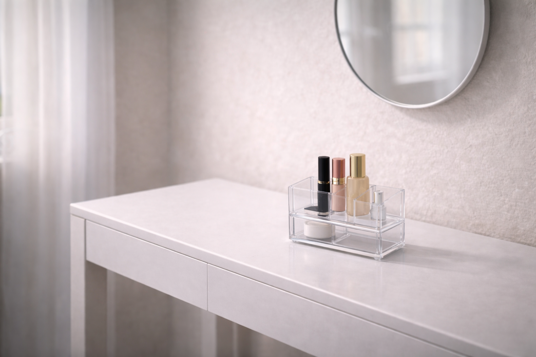 Compact makeup organizer arranged on a narrow dressing table with clear surface space.