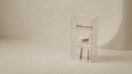 Compact makeup organizer on a narrow vanity surface.