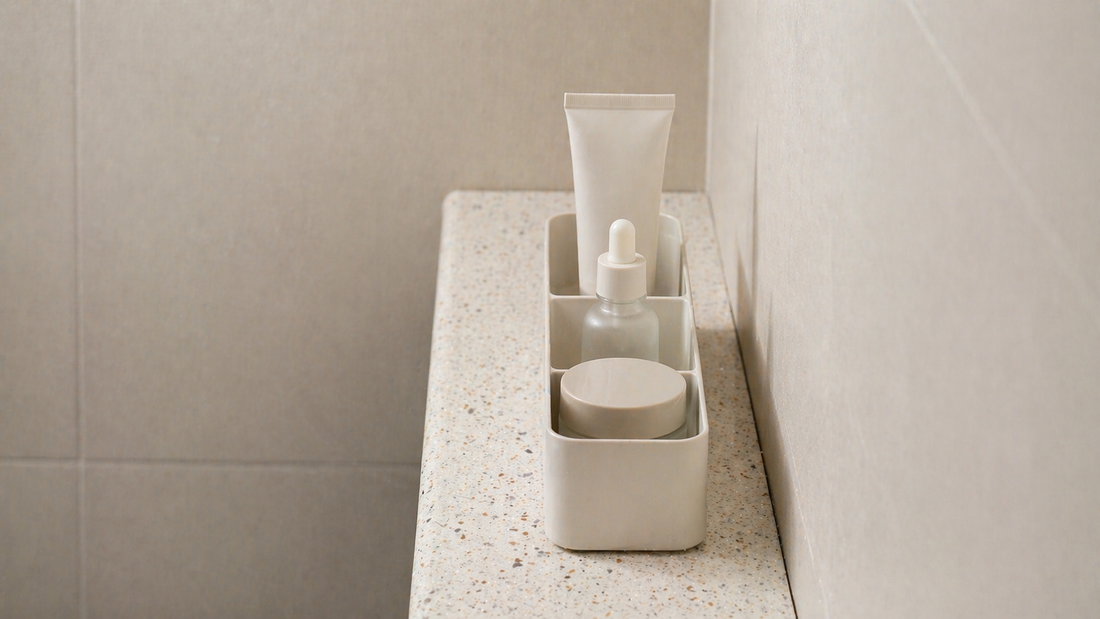 Narrow vanity layout using front-to-back placement within limited width.