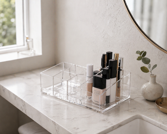Slim acrylic makeup organizer arranged on a narrow vanity surface with clear spacing between items for efficient use.
