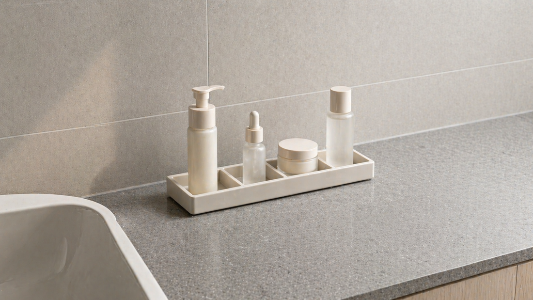 Narrow vanity organizer with segmented compartments and tight but clear spacing.