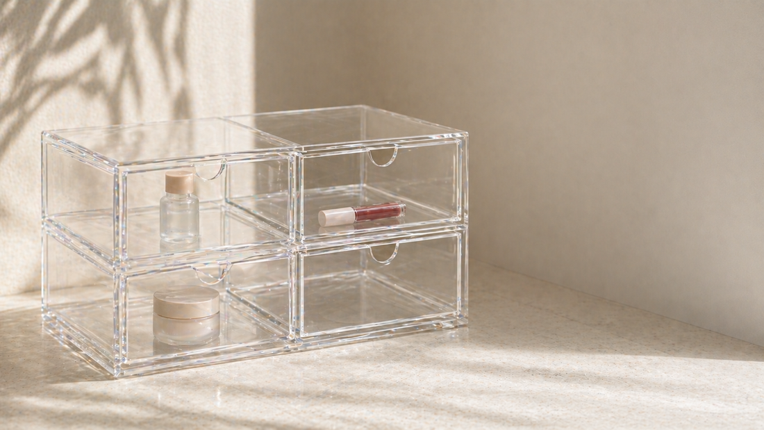 Clear drawer organizer with three items spaced evenly to maintain balanced non-overflow layout