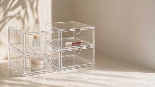 Clear drawer organizer with three items spaced evenly to maintain balanced non-overflow layout