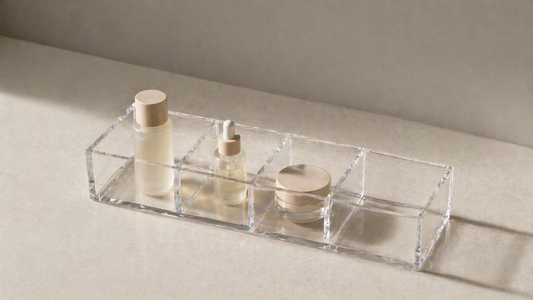 open skincare organizer with items separated in compartments and one empty section for easy access