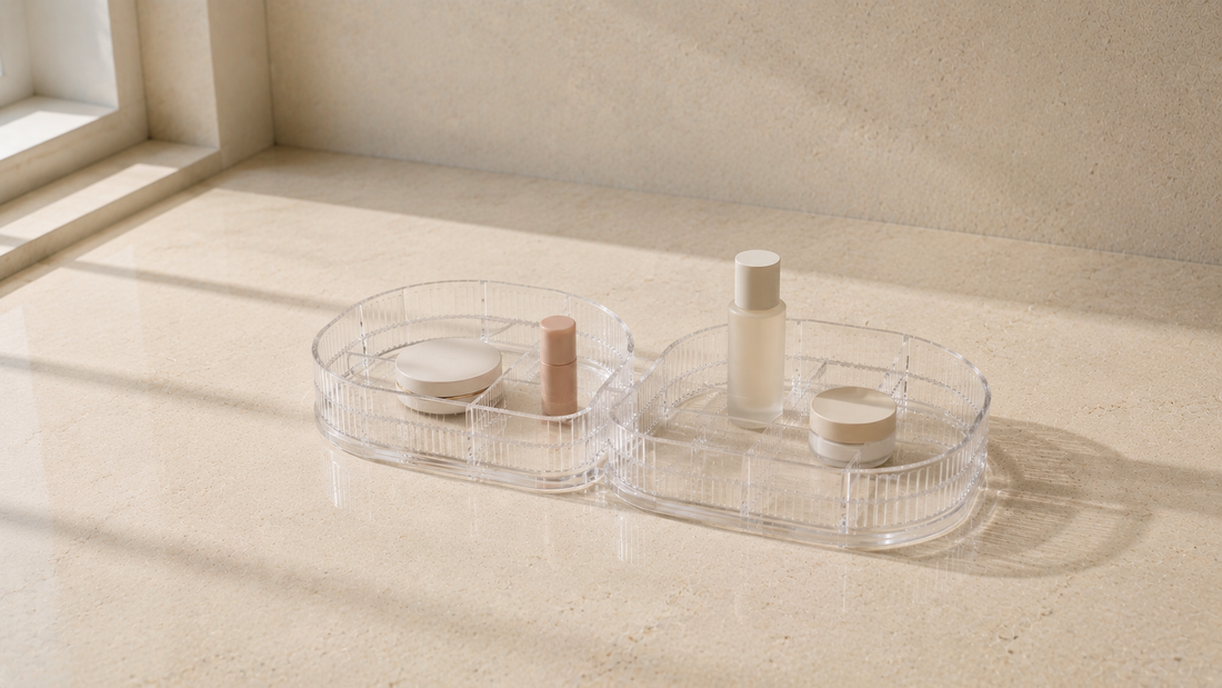 Makeup organizer with separated personal sections and open spacing.