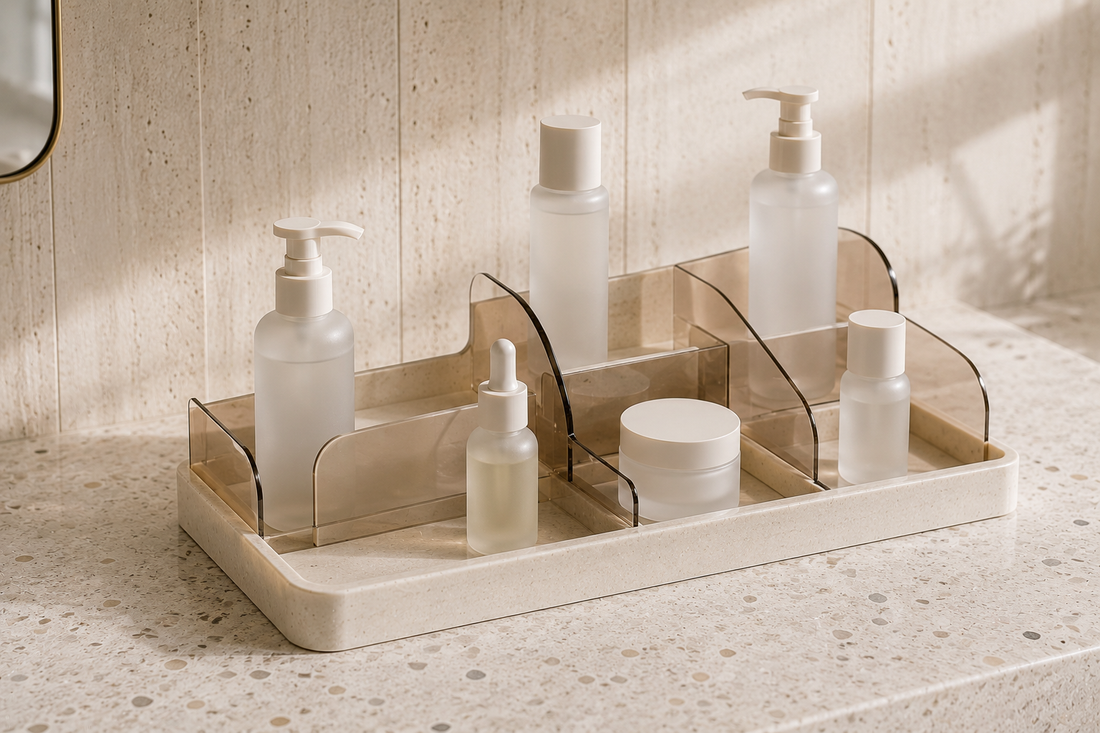 Skincare organizer with stable spacing to prevent bottle spills.