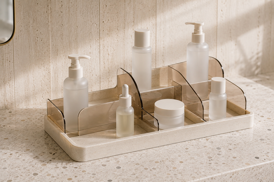 Skincare organizer with stable spacing to prevent bottle spills.