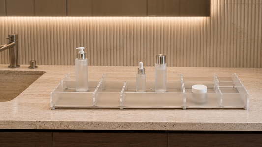 Bathroom vanity organizer with stable bottle spacing and anti-tip placement.