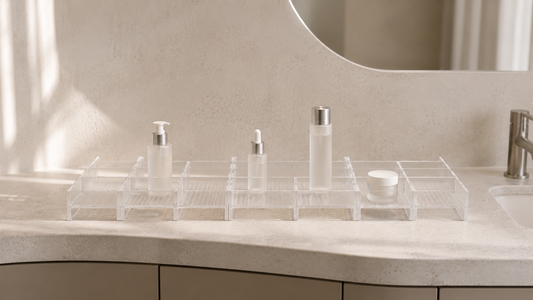 Bathroom vanity organizer with open airflow spacing and ventilated skincare placement.