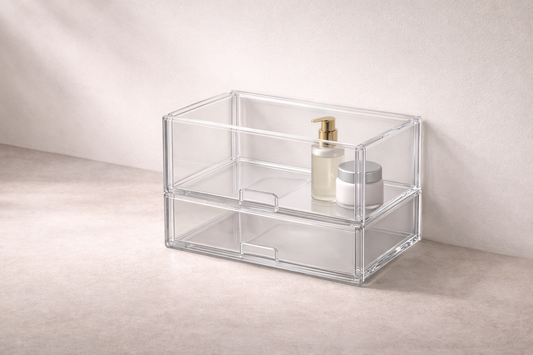 Quick drawer organization system featuring stacked clear acrylic drawers for efficient storage
