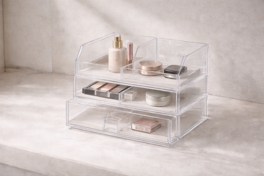 Quick makeup organization for faster daily routines featuring stacked clear acrylic storage drawers with foundation and eyeshadow palettes