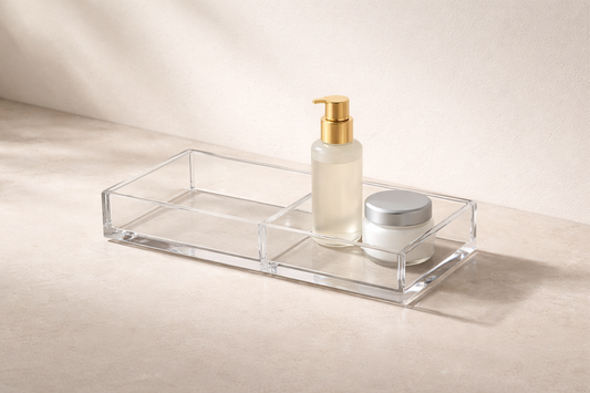 Quick skincare organization ideas with a clear divided acrylic box holding various beauty serums