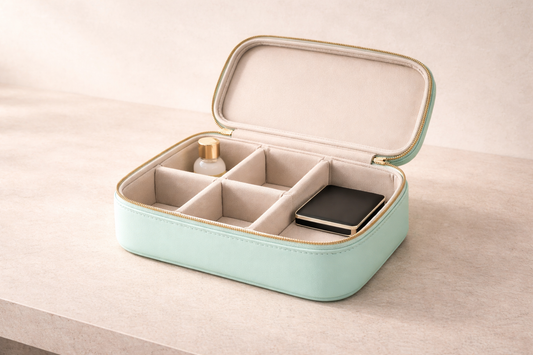 Quick travel makeup storage ideas featuring an open beige leather case with adjustable compartments