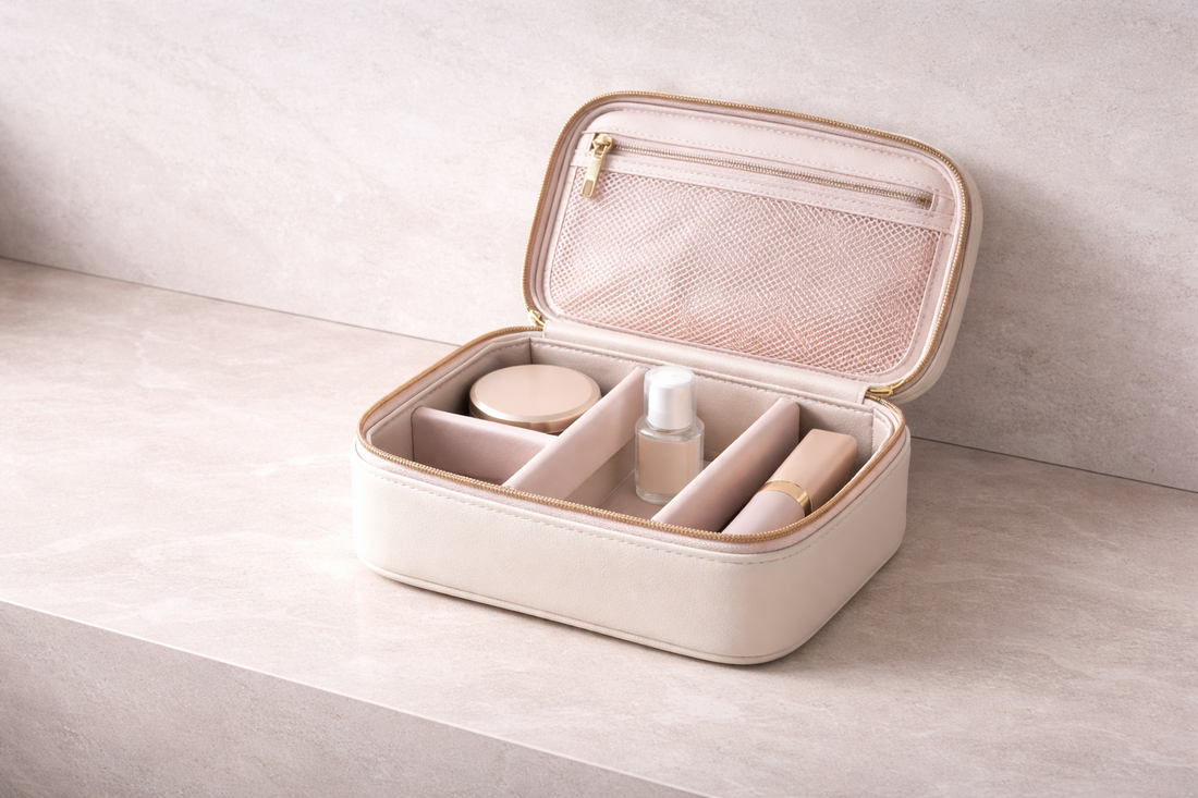 Quick travel makeup storage that simplifies packing featuring an open beige leather cosmetic case with divided compartments and a mesh pocket holding beauty products
