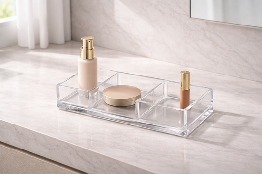 Quick vanity organization system showing a clear acrylic storage unit with elegant gold trim details