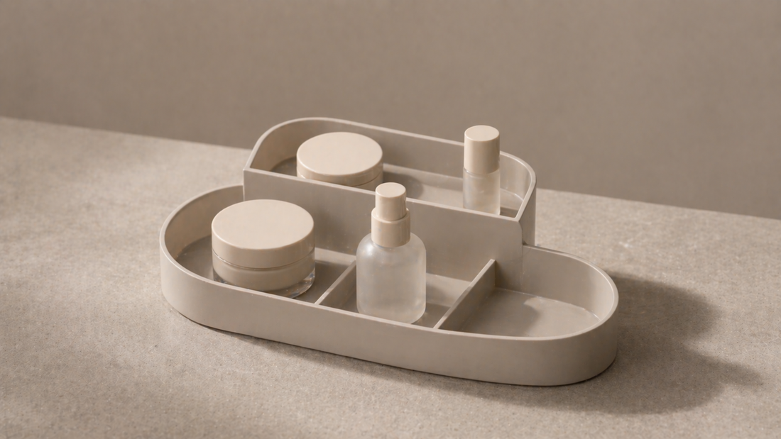 Vanity organizer with front and back reach zones, keeping essential items within easy reach and improving daily routine efficiency.
