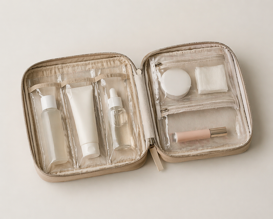 Travel kit opened flat with clear compartments, each item placed in a fixed position with consistent spacing and no overlap.