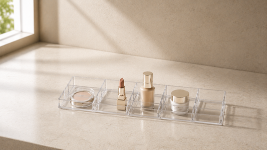 Makeup organizer with spaced compartments for faster daily access.