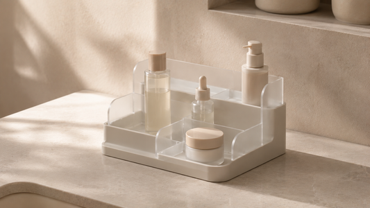 Tiered skincare organizer with separated product placement and faster morning skincare access.