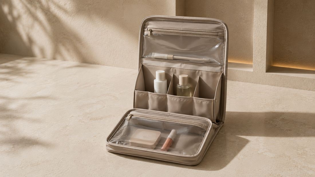 Travel beauty organizer with structured compartments and simplified short trip packing layout.