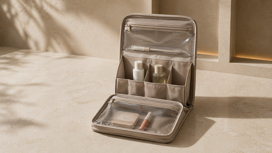 Travel beauty organizer with structured compartments and simplified short trip packing layout.