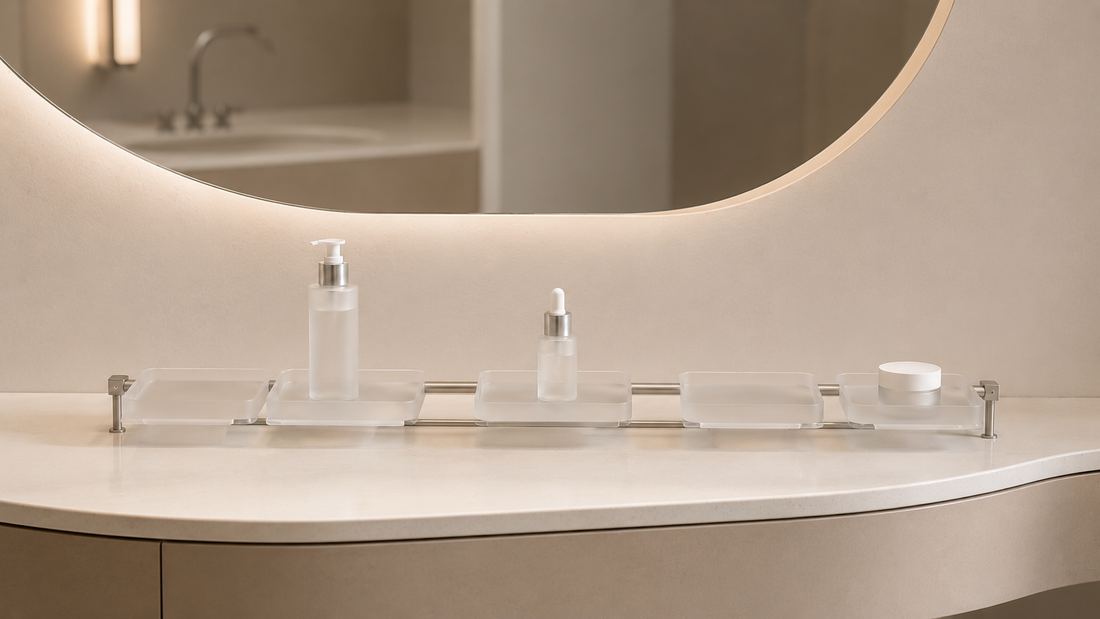 Bathroom vanity organizer with simplified skincare layout and reduced visual fatigue.