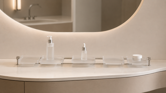 Bathroom vanity organizer with simplified skincare layout and reduced visual fatigue.