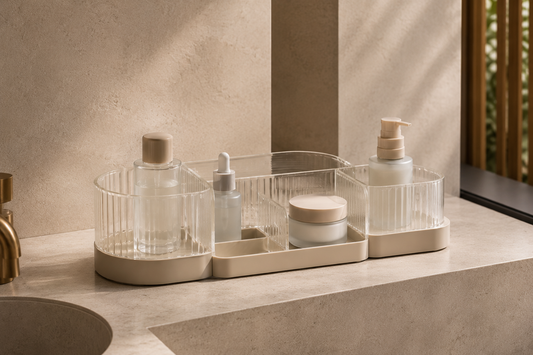 Bathroom vanity organizer with separated skincare compartments and smoother daily access.