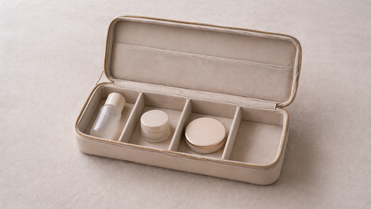 Compact travel organizer with consistent item placement in separate compartments and one empty space, creating a stable packing layout that is reused every trip.