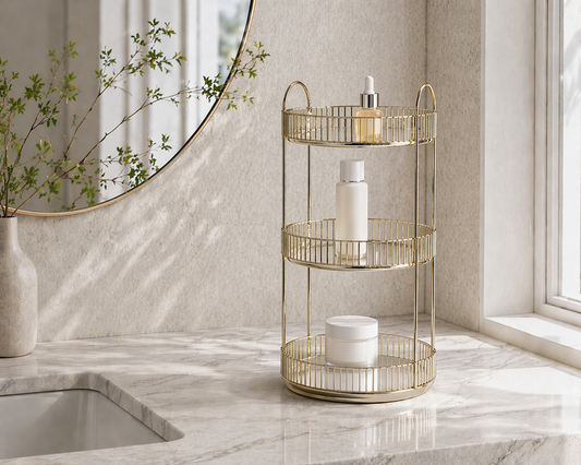 Rotating bathroom organizer with three-tier structure and minimal items placed for clear access and separation.