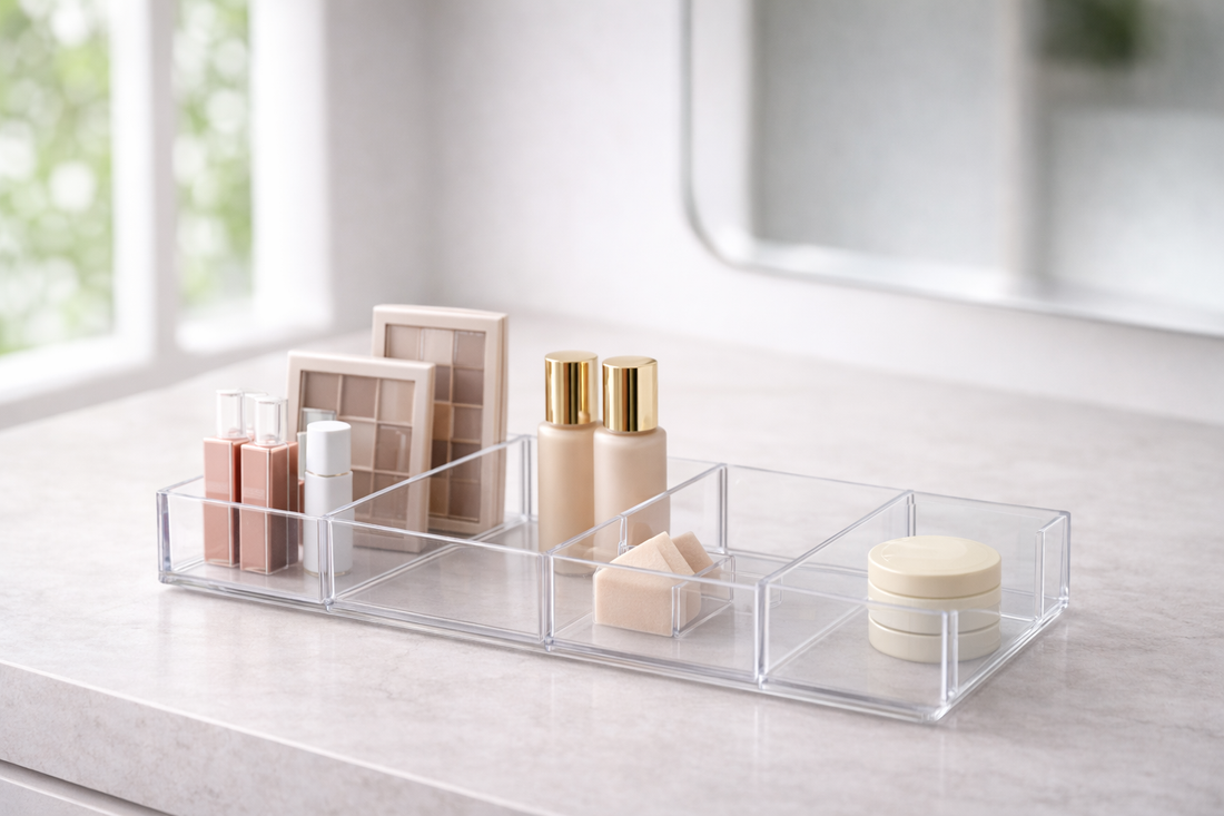 Final cluster summary featuring a premium unbranded acrylic storage unit with ultra-realistic texture and minimalist style.