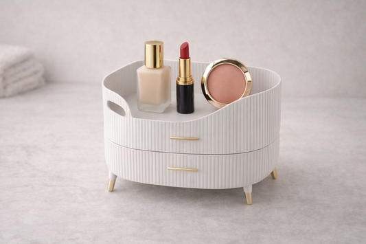 Tiered makeup organizer with three items arranged left to right in routine order for consistent and fast use.