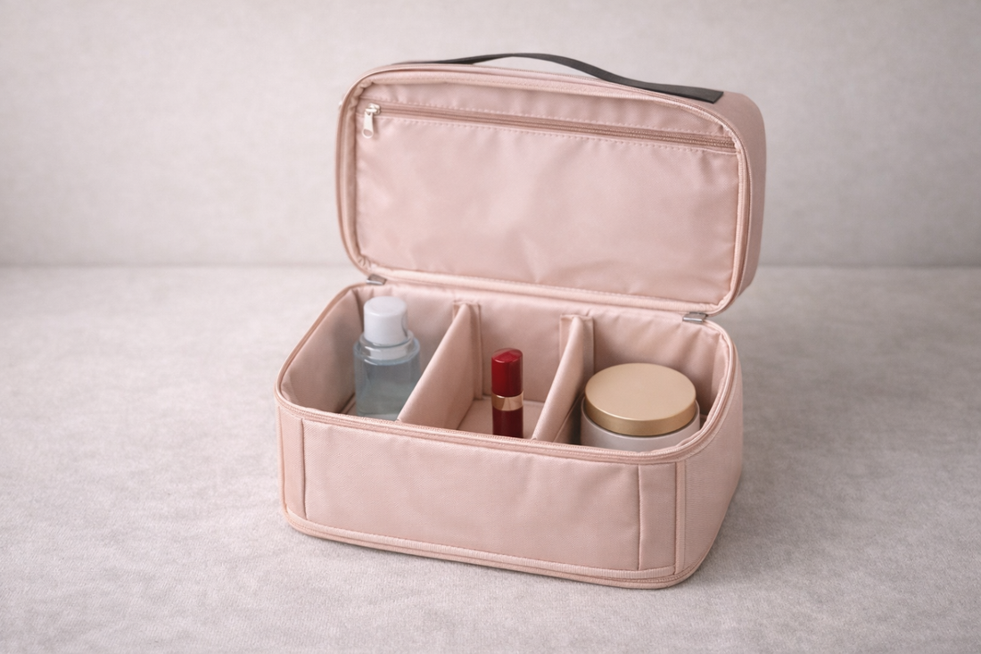  Travel cosmetic case with three items placed in separate compartments to highlight clear segmentation and efficient packing flow.
