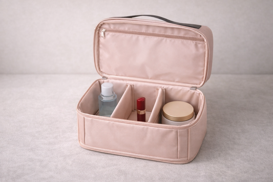  Travel cosmetic case with three items placed in separate compartments to highlight clear segmentation and efficient packing flow.