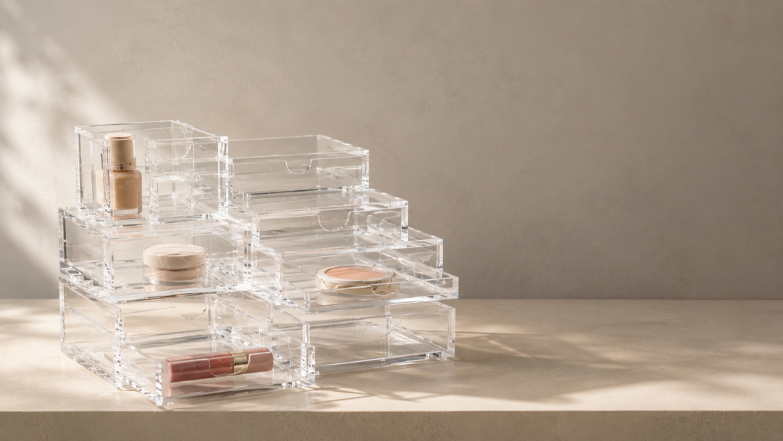 Clear acrylic drawer organizer with separated compartments and stable product placement