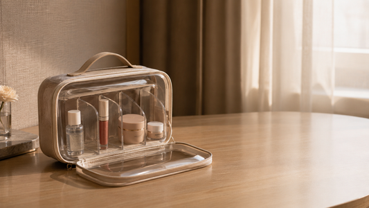 Travel beauty organizer with separated compartments and stable product placement.