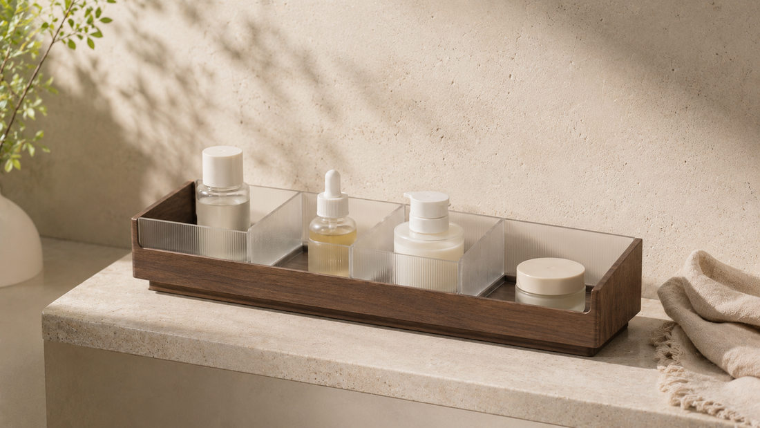 Bathroom vanity organizer with stable skincare placement and calm separated storage sections.