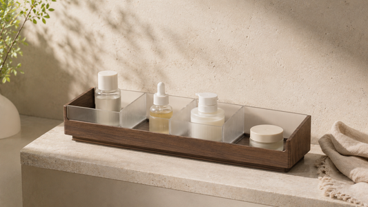 Bathroom vanity organizer with stable skincare placement and calm separated storage sections.