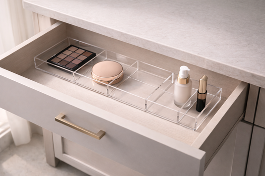 Makeup organizer with flat, spaced layout inside a shallow drawer showing horizontal-only placement