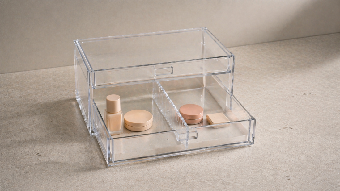 Acrylic drawer split into left and right zones with separate items for each user and a clear boundary to prevent mixing.