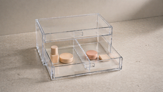 Acrylic drawer split into left and right zones with separate items for each user and a clear boundary to prevent mixing.