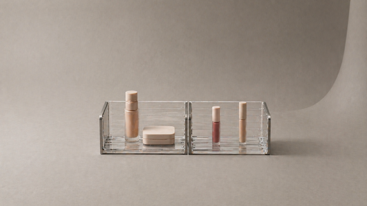 Makeup organizer divided for shared use with clear separation.