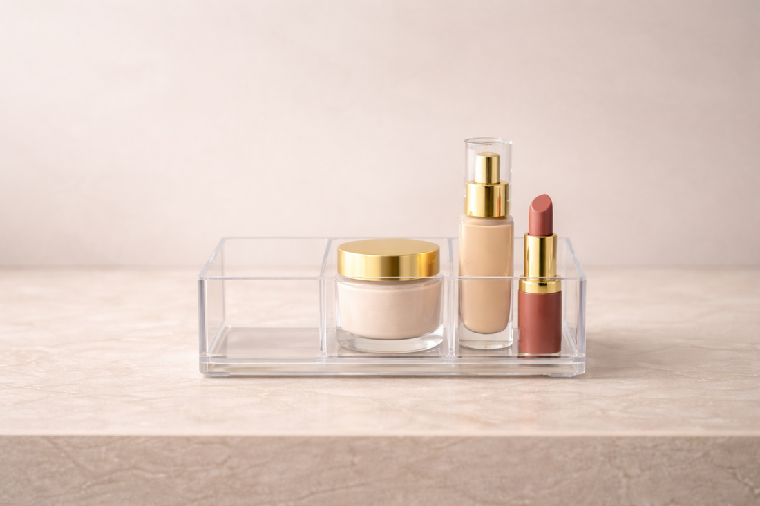 Clear acrylic makeup organizer showing 3 items with one empty compartment, maintaining a visually simplified setup with clear spacing and no need for adjustment.