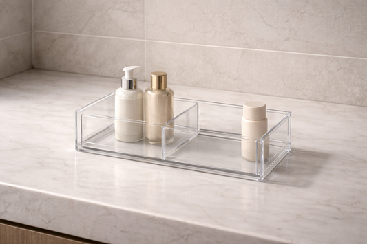 Skincare bottles grouped into primary cluster and secondary single placement showing clear spacing and structured access flow